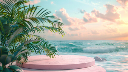 3D platform with palm leaves and a pastel beach background, ideal for cosmetic and beauty product showcases
