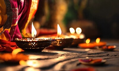 Clay diya lamps lit during diwali celebration, Diwali, or Deepavali, is India's biggest and most important holiday