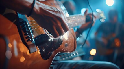 Naklejka premium Musician Playing Guitar: A musician strums a guitar, skillfully plucking the strings and creating harmonious melodies that captivate the audience