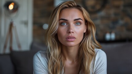 Obraz premium A woman with long blonde hair and blue eyes gazes into the camera from a couch in a living room