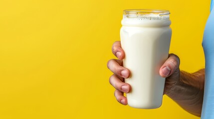  Person holds glass of milk against yellow backdrop