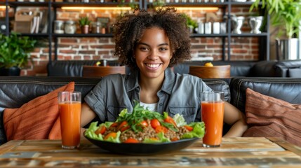 Fototapeta premium A woman sits at a table, holding a bowl of salad and two glasses of orange juice in front of her