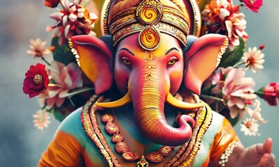 Obraz premium Ganesh Illustration of colorful hindu lord Ganesha on decorative background