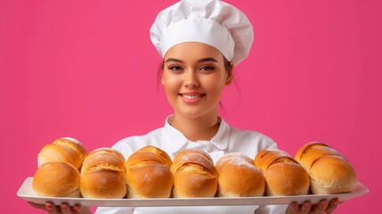  A woman in a chef's hat holds a tray of pink bread rolls against a pink background