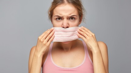  A woman covers her mouth with a pink cloth