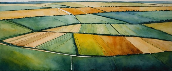 landscape watercolor painting of farming fields on hills, farmlands banner, countryside meadow