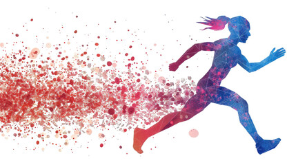 A woman running with a trail of colorful sparks behind her