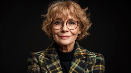  A tight shot of someone in a checkered jacket and wearing glasses against a black backdrop