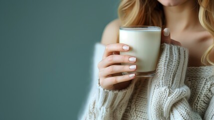 Fototapeta premium A woman happily smiling at the camera holds a glass of milk in her right hand