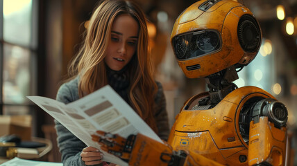 orange robot getting papers handouted by a human in a lighty office,generative ai