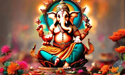 Fototapeta premium Ganpati, Lord Ganesh Illustration of colorful hindu lord Ganesha on decorative background