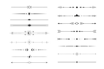 Set tribal ethnic arrow dividers, native indian bow boho in doodle style isolated on white background. Collection borders, decoration elements