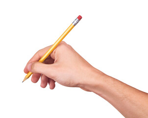 Hand with pencil writing something isolated on white background.