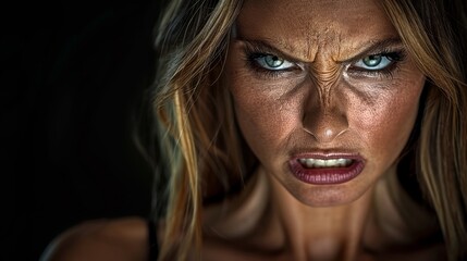  A tight shot of a woman's blue eyes, revealing an unnerving expression and a chilling grin displaying her teeth