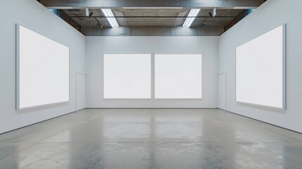 A gallery with a symmetrical display of four large plain white frames, set in a perfect square layout.