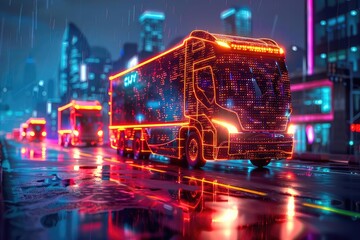 Fleet of autonomous delivery trucks, cityscape background, glowing data connections, vibrant colors, hightech design,