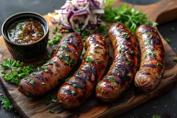 Bratwurst - Grilled sausages served with mustard and sauerkraut on a rustic wooden board.