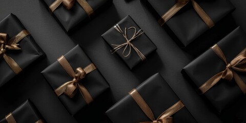 Group of Black Wrapped Presents With Gold Ribbons