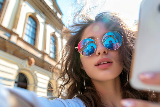 Young trendy woman taking selfie using mobile phone camera