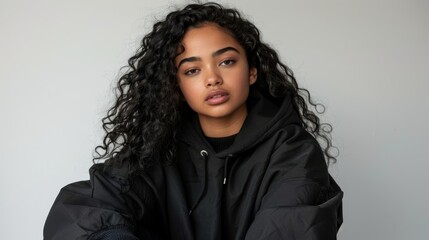  A person in a black jacket  against a white background