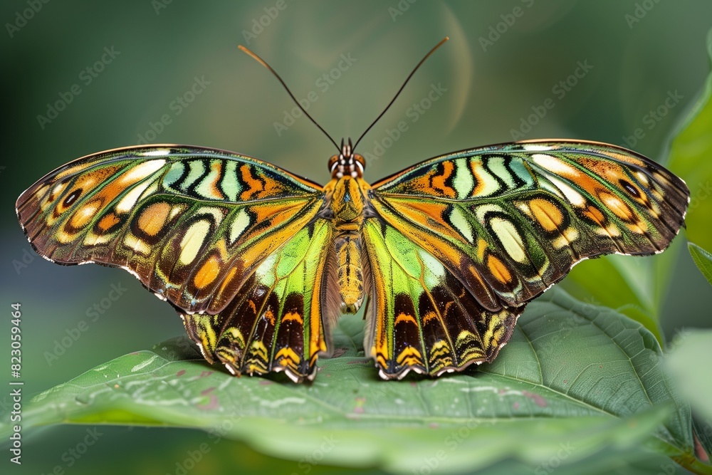 Poster AI generated illustration of a vibrant green and orange butterfly perched on a leaf