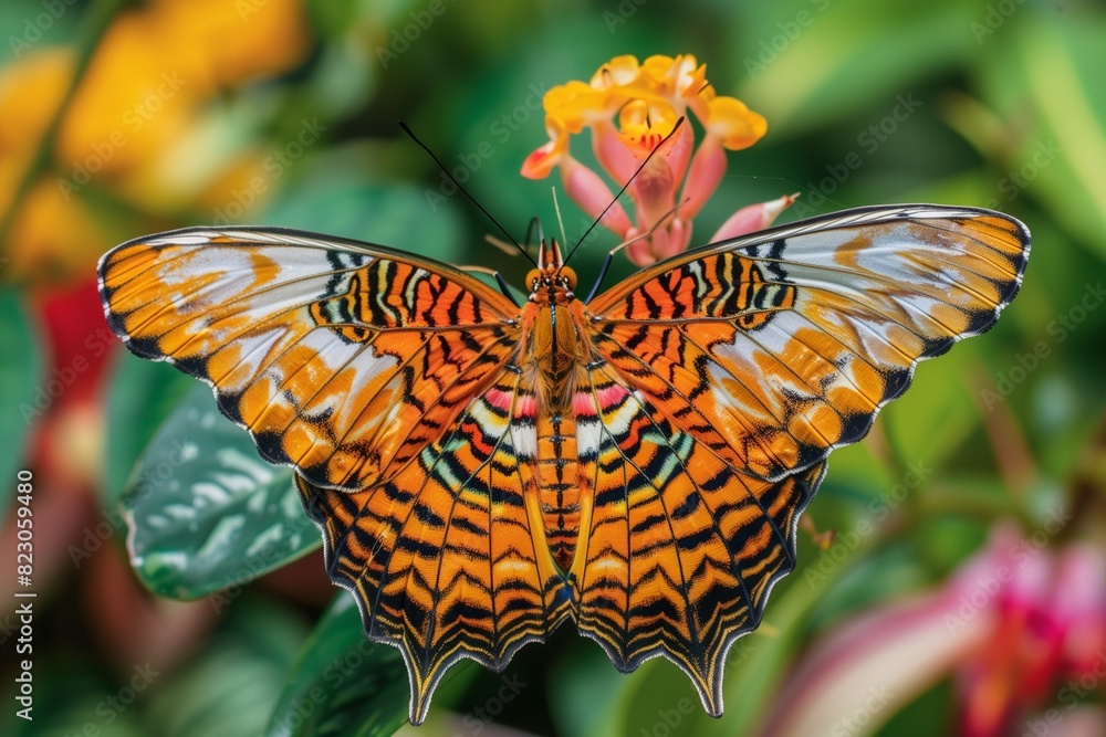 Wall mural AI generated illustration of an orange and black butterfly with wings wide open, perched on a flower