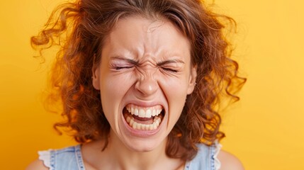  A woman in a blue dress against a yellow backdrop Her face turned toward the wind, hair billowing - Powered by Adobe