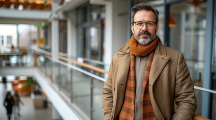 Obraz premium A man, clad in a coat and wearing glasses, stands in a building with a scarf wrapped around his neck