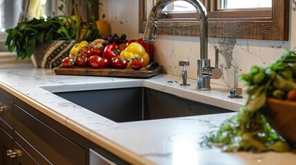Close-up of an undermount sink in a luxurious kitchen setting, highlighting the seamless countertop integration and sleek design for advertising purposes