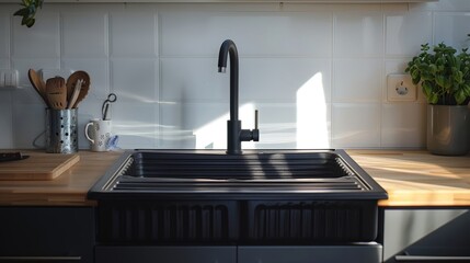 Cast iron sink in a vintage kitchen setting, enamel coating for durability, isolated background, studio lighting emphasizing its resistance to scratches and heat