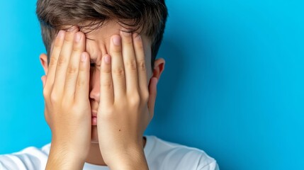 Fototapeta premium A person closely covering their face with hands and shielding their eyes, before a blue backdrop