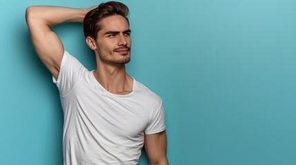  A man in a white T-shirt poses with one hand on his head and the other arm behind it