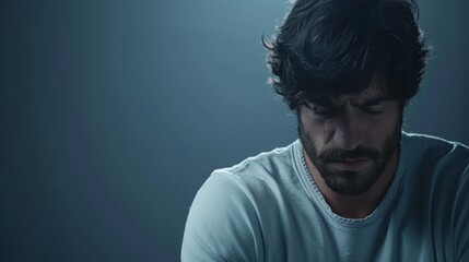 Obraz premium A man, clad in a white T-shirt, gazes at his cell phone against a dark backdrop
