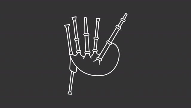 Animated bagpipes white icon. National music instrument line animation. Pipes moving. Folk sound, heritage. Isolated illustration on dark background. Transition alpha video. Motion graphic
