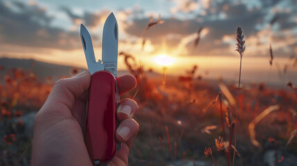 Very Useful A hand holding a Swiss Army knife, showcasing its various tools close up, focus on the tools practicality realistic, Silhouette, camping site