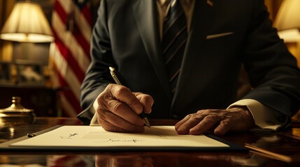 Politician Signing Legislation: In a formal ceremony, a politician signs new legislation into law, marking a significant achievement in their political career 