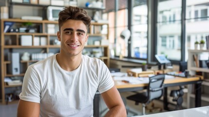 Obraz premium A man in a white shirt sits at a desk in a room filled with shelves and a window