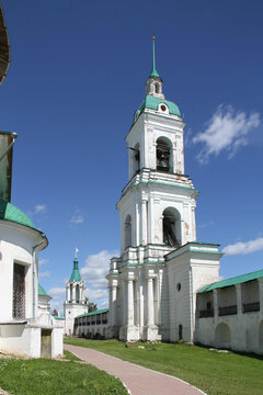 White-stone bell tower of the Spaso-Yakovlevsky monastery in Rostov, Russia