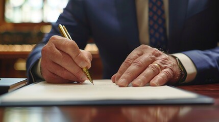 Politician Signing Legislation: In a formal ceremony, a politician signs new legislation into law, marking a significant achievement in their political career 