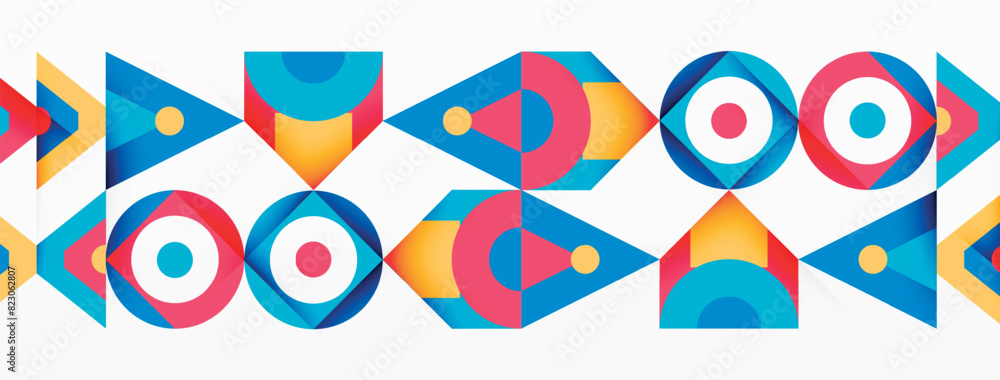 Poster The white background features a vibrant geometric design with arrows and circles. The pattern includes a mix of shapes and colors, such as electric blue hues