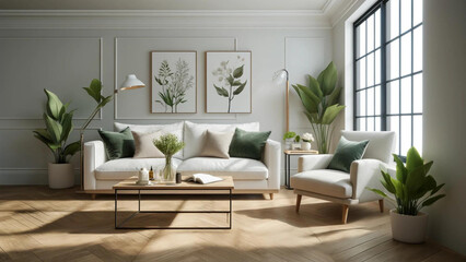 Fototapeta premium Elegant Contemporary Living Room with Green and White Decor