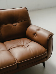 A brown leather couch with detailed buttoned seating, presented against a white background.