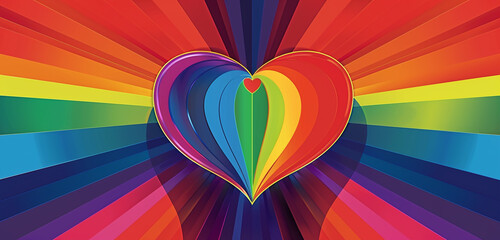 LGBTQ pride color spectrum with a large heart illustration, copyspace for messages.
