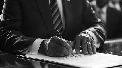 Fototapeta premium Politician Signing Legislation: In a formal ceremony, a politician signs new legislation into law, marking a significant achievement in their political career 