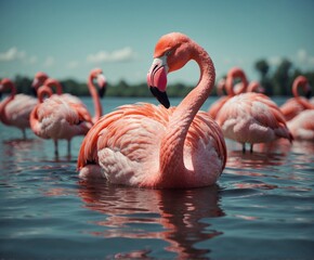  Pink flamingo bird and Cartoon flamingo with Beautiful flamingos in the lake