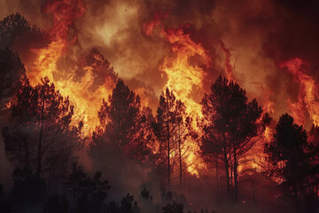Ominous scene of raging forest fire consuming trees
