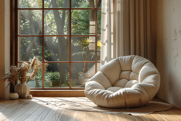Comfortable Living Space: Cozy Beige Reading Nook with Plush Chair and Soft Blankets