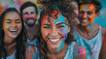 Group of smiling young adults with colorful paint on their faces and clothes, enjoying a festive outdoor event