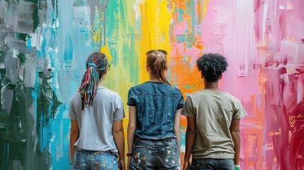 Three young artists with paint-splattered clothes standing in front of a large, colorful abstract mural