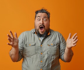 man surprised with his hands in front of his face. shouting expression. against solid color background.